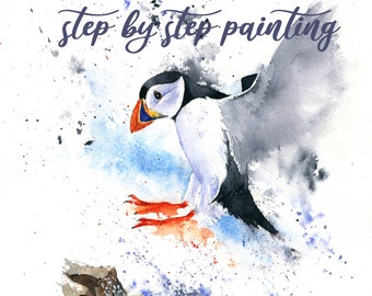 Instant download print at home step by step painting  Watercolour tutorial of a Puffin gift art