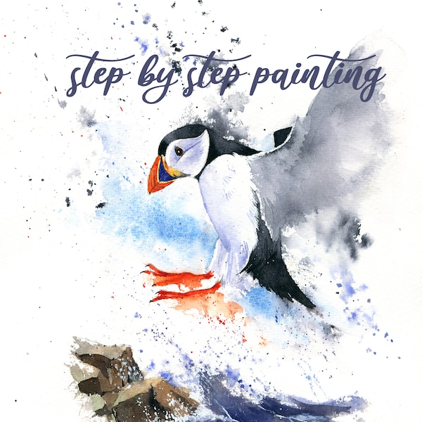 Instant download print at home step by step painting  Watercolour tutorial of a Puffin gift art