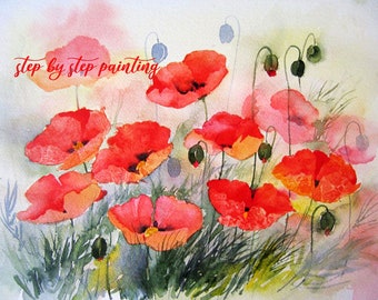 Instant download print at home tutorial watercolour step by step Poppies (using clingfilm)