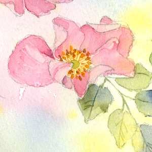 Puede incluir: Una pintura de acuarela de una rosa rosa con un centro amarillo. La rosa est&aacute; rodeada de hojas verdes y un fondo suave y pastel.