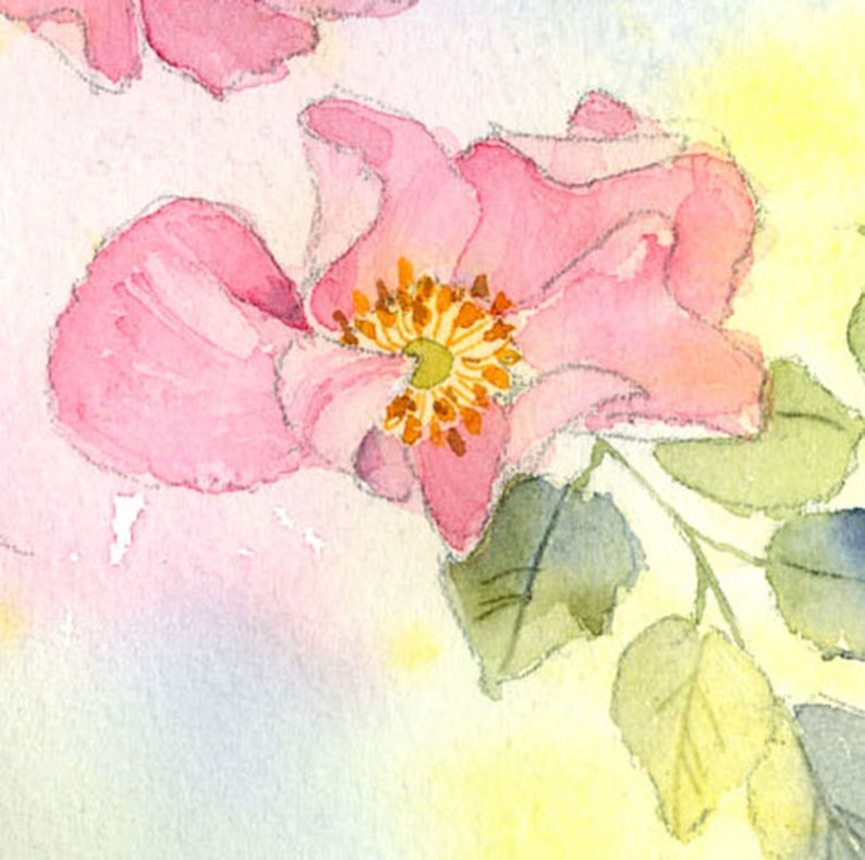 Puede incluir: Una pintura de acuarela de una rosa rosa con un centro amarillo. La rosa est&aacute; rodeada de hojas verdes y un fondo suave y pastel.