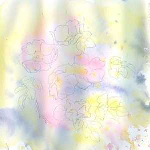 Puede incluir: Pintura acuarela de flores rosas y moradas con hojas verdes sobre un fondo amarillo y azul.