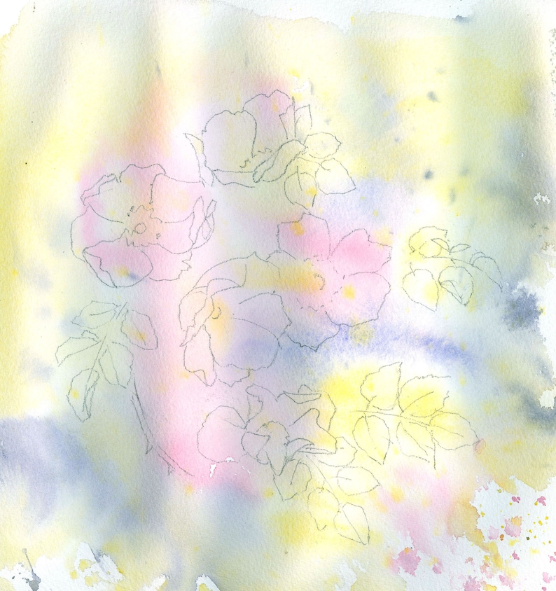 Puede incluir: Pintura acuarela de flores rosas y moradas con hojas verdes sobre un fondo amarillo y azul.