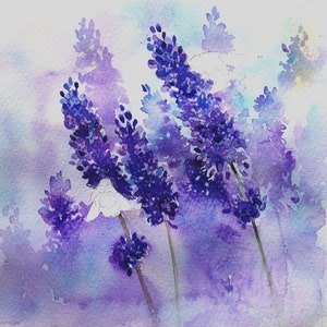May include: Watercolor painting of purple lavender flowers with a white flower in the center. The background is a soft purple and blue.