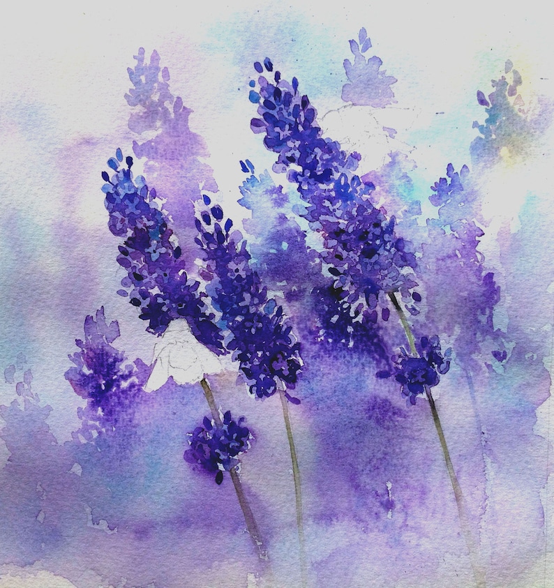 May include: Watercolor painting of purple lavender flowers with a white flower in the center. The background is a soft purple and blue.