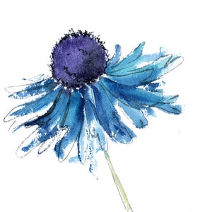 May include: A watercolor painting of a blue flower with a purple center. The flower is painted in a loose, expressive style.