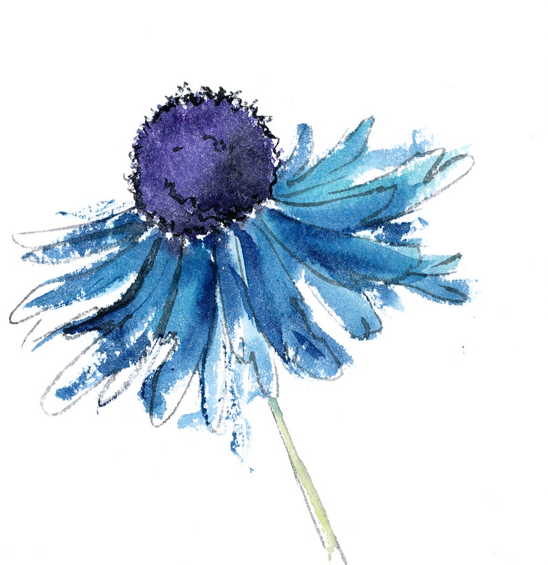 May include: A watercolor painting of a blue flower with a purple center. The flower is painted in a loose, expressive style.