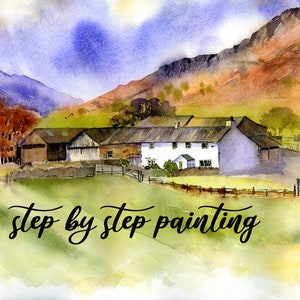 May include: Watercolor painting of a rural landscape with a white farmhouse, brown barns, and a winding road leading to a stone wall. The scene is set against a backdrop of rolling hills and a blue sky with fluffy clouds. The text "step by step painting" is written in black cursive at the bottom of the image.