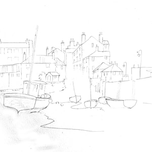May include: A black and white line drawing of a harbor scene with buildings and boats. The drawing is done in a simple style, with minimal detail.