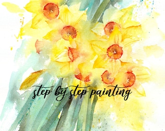 Print at home step by step painting Lost and Found Daffodils watercolour