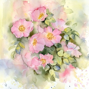 Puede incluir: Una pintura de acuarela de flores rosas con hojas verdes. Las flores est&aacute;n en flor y tienen un aspecto suave y delicado. El fondo es un lavado ligero de rosa y amarillo.