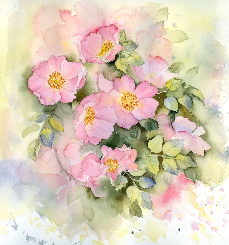 Puede incluir: Una pintura de acuarela de flores rosas con hojas verdes. Las flores est&aacute;n en flor y tienen un aspecto suave y delicado. El fondo es un lavado ligero de rosa y amarillo.