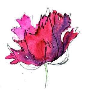 May include: Watercolor painting of a single pink and purple flower with a green stem.