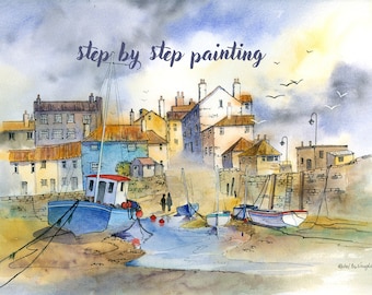 Instant download print at home step by step tutorial St Ives Watercolour painting