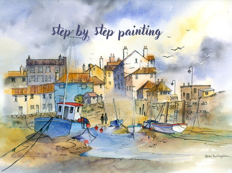 May include: A watercolor painting of a harbor scene with boats docked in a narrow channel. The painting features a row of colorful buildings along the waterfront, a cloudy sky, and the text "step by step painting".