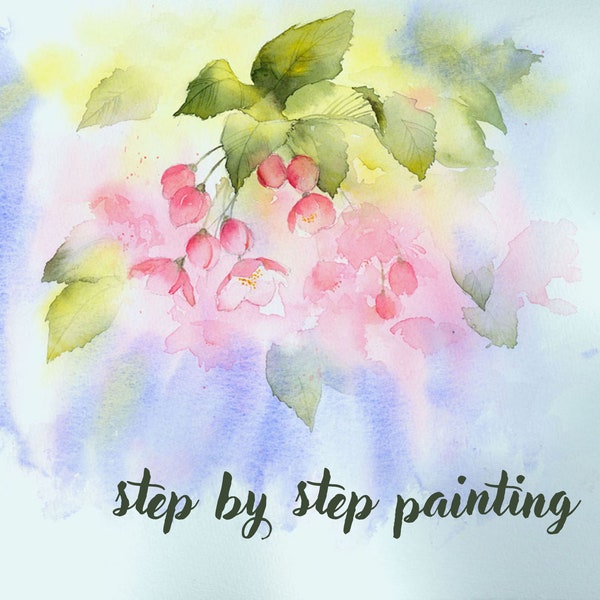 Instant download printable step by step watercolour  painting tutorial Cherry Blossom