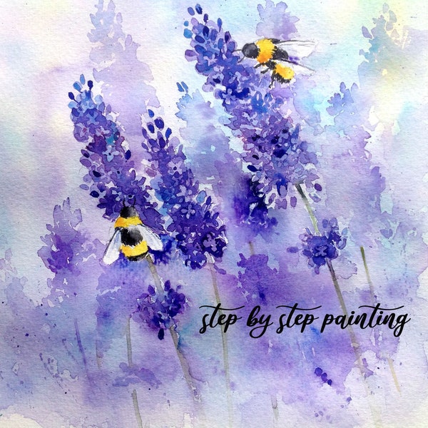 Instant download print at home step by step watercolour painting tutorial Bees and Lavender art gift