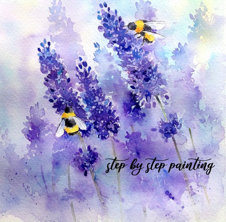 May include: Watercolor painting of lavender flowers with two bumblebees. The painting has a soft, dreamy feel and is titled "step by step painting".