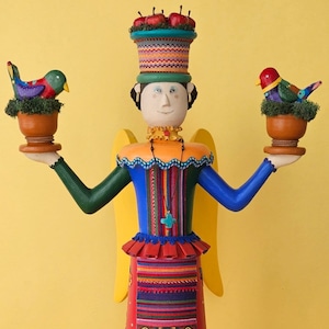 Colorful Wooden Folk Art Angel Holding Birds in Pots While Balancing Apples on Her Head/Birthday Gift/Mother&#39;s Day Gift