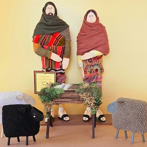 Nativity/Creche with Mary, Joseph, Baby/Manger and Sheep/Christmas/Holiday/Wooden Folk Art