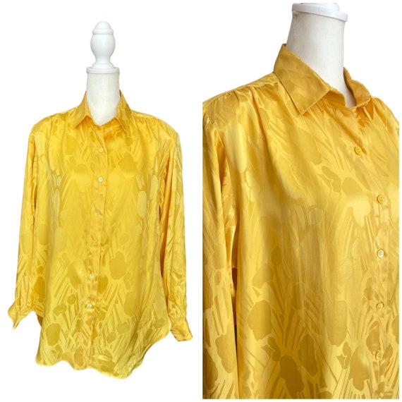 80s yellow button down blouse | vintage canary ye… - image 1