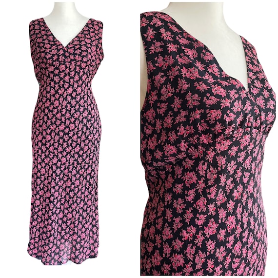 90s pink floral black slip dress | vintage floral… - image 1