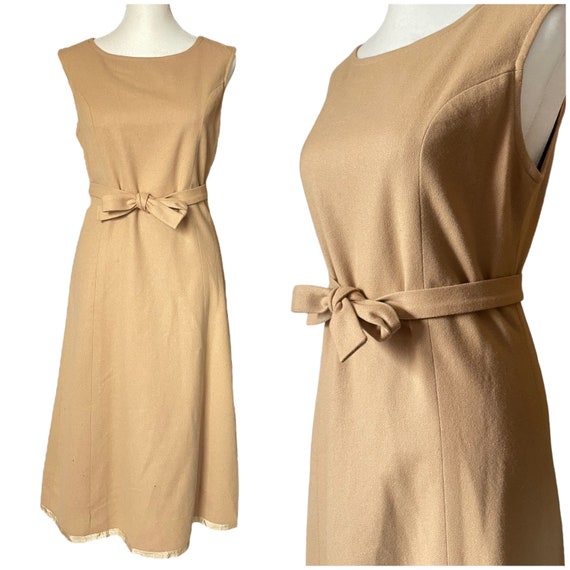 70s tan sheath belted dress | vintage tan paneled… - image 1