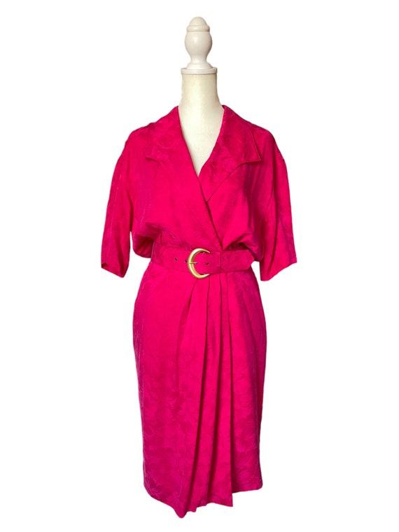 70s red floral silk belted midi dress | vintage b… - image 3