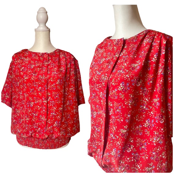 90s red ditsy floral blouse | vintage flower prin… - image 1