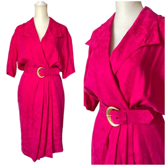 70s red floral silk belted midi dress | vintage b… - image 1