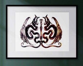 Entwined Metallic Dragons - A4 digital art print