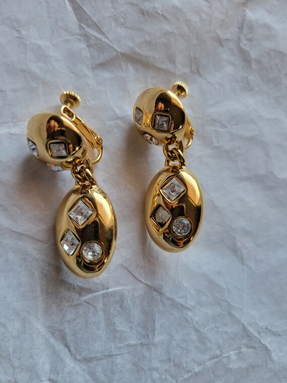 Vintage Napier Gold Dangle Chandelier Earrings with C… Gem