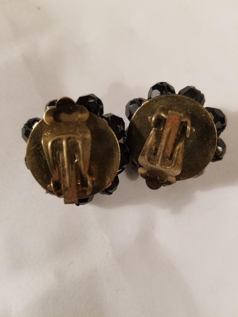 Vintage Black Glass Jet Clip On Earrings from West Germany