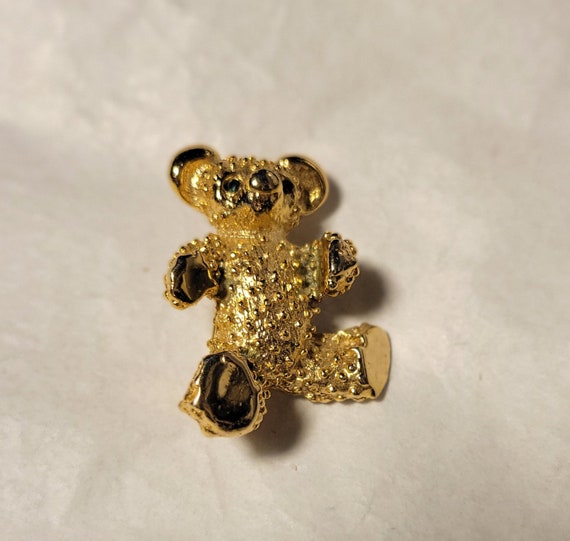 Vintage Gold Metal Teddy Bear Brooch with Green E… - image 1