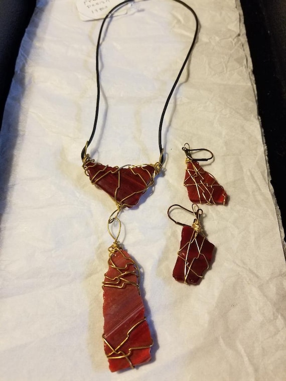 Rare Vintage Premier Design Red Agate Necklace Set