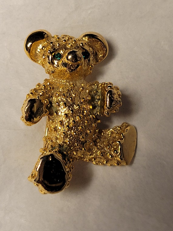 Vintage Gold Metal Teddy Bear Brooch with Green E… - image 4