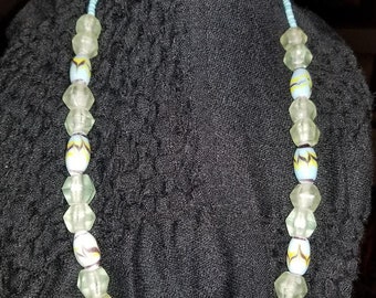 Vintage Blue Glass  and Seed Bead  Necklace