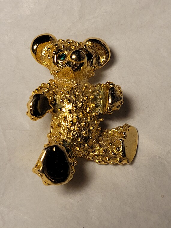Vintage Gold Metal Teddy Bear Brooch with Green E… - image 5