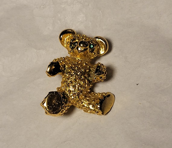 Vintage Gold Metal Teddy Bear Brooch with Green E… - image 2