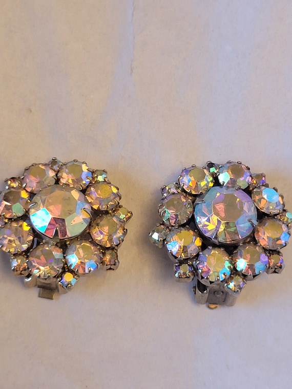 Rare Vintage Aurora Borealis Clip On Earrings, Vi… - image 1