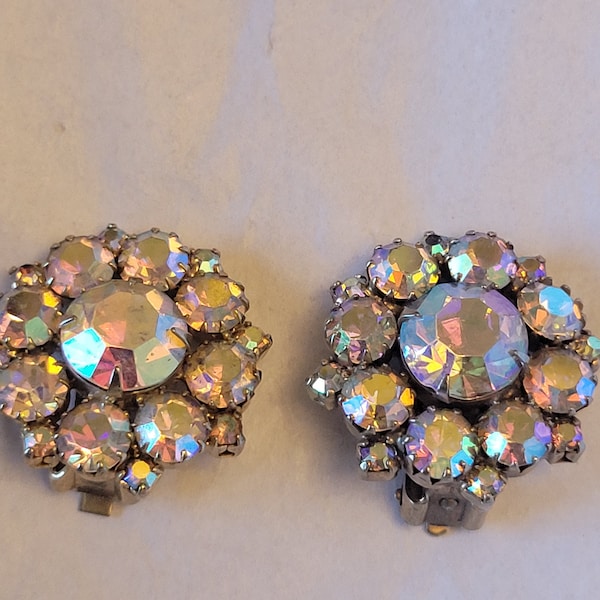 Rare Vintage Aurora Borealis Clip On Earrings, Vintage, Aurora Borealis, Earrings, Crystals, Weddings, After Five