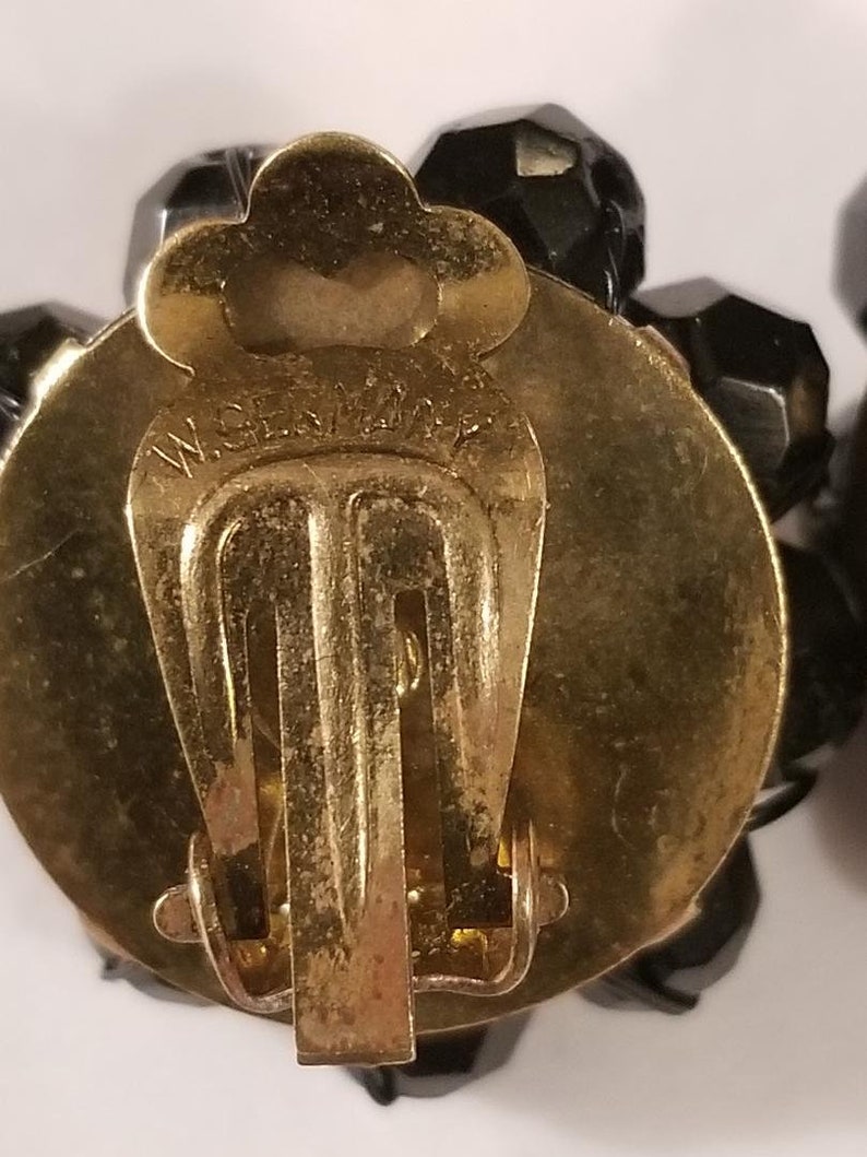 Vintage Black Glass Jet Clip On Earrings from West Germany