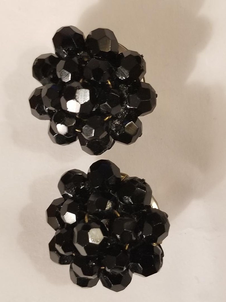Vintage Black Glass Jet Clip On Earrings from West Germany