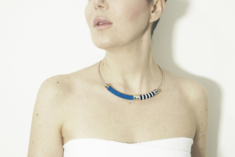 Buis Stripe Choker design necklace with blue cotton decoration