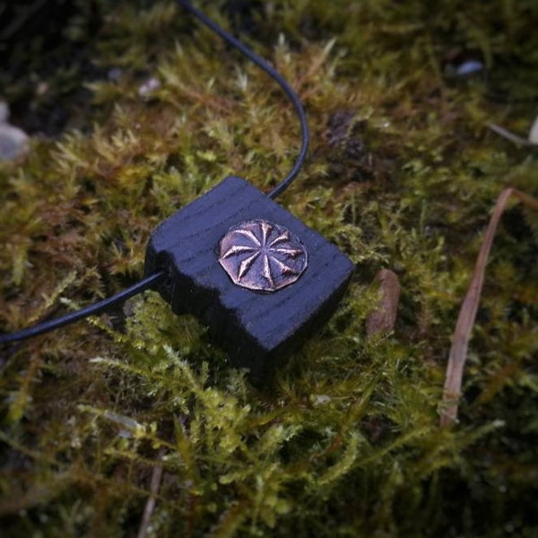 Kolovrat • Bronze and Abonos Bog oak pendant • Celtic amulet • Slavic talisman • Morta wood necklace