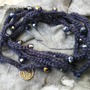 Black Eri silk Om bracelet necklace, Peace silk crochet, Pure Ahimsa silk, Wild silk necklace, White copper Om pendant and glass beads