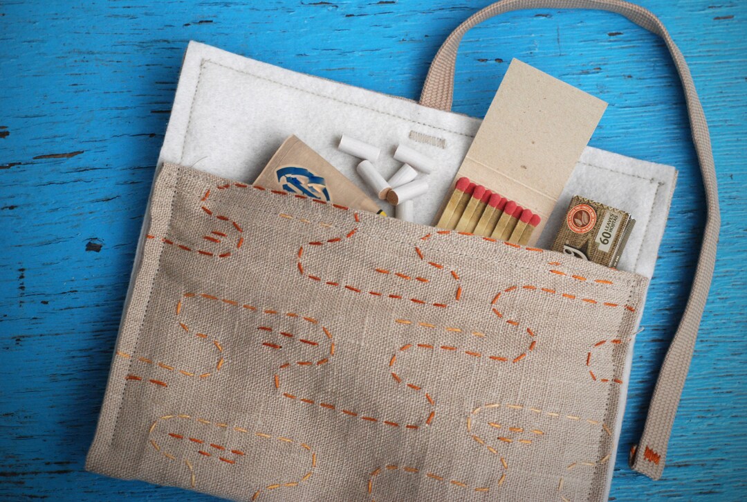 Rustic Linen Fabric Tobacco Pouch, Embroidered Rolling Tobacco Bag