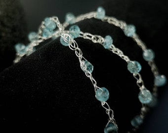 Silberdraht Gehäkelte Kette / Armband • Aquamarin Perlen Silber Armband • Traditionelles Gelübde Silber Armband