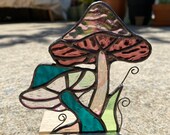 Colorful mushrooms stained glass sun catcher wooden stand