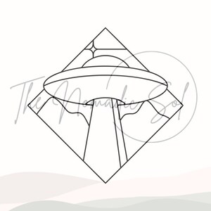 Könnte beinhalten: Eine Schwarzweiß-Zeichnung eines UFOs, das in einem Gebirge landet. Das UFO hat die Form einer klassischen fliegenden Untertasse mit einer Kuppel oben. Die Berge sind stilisiert und haben einen geometrischen Look.